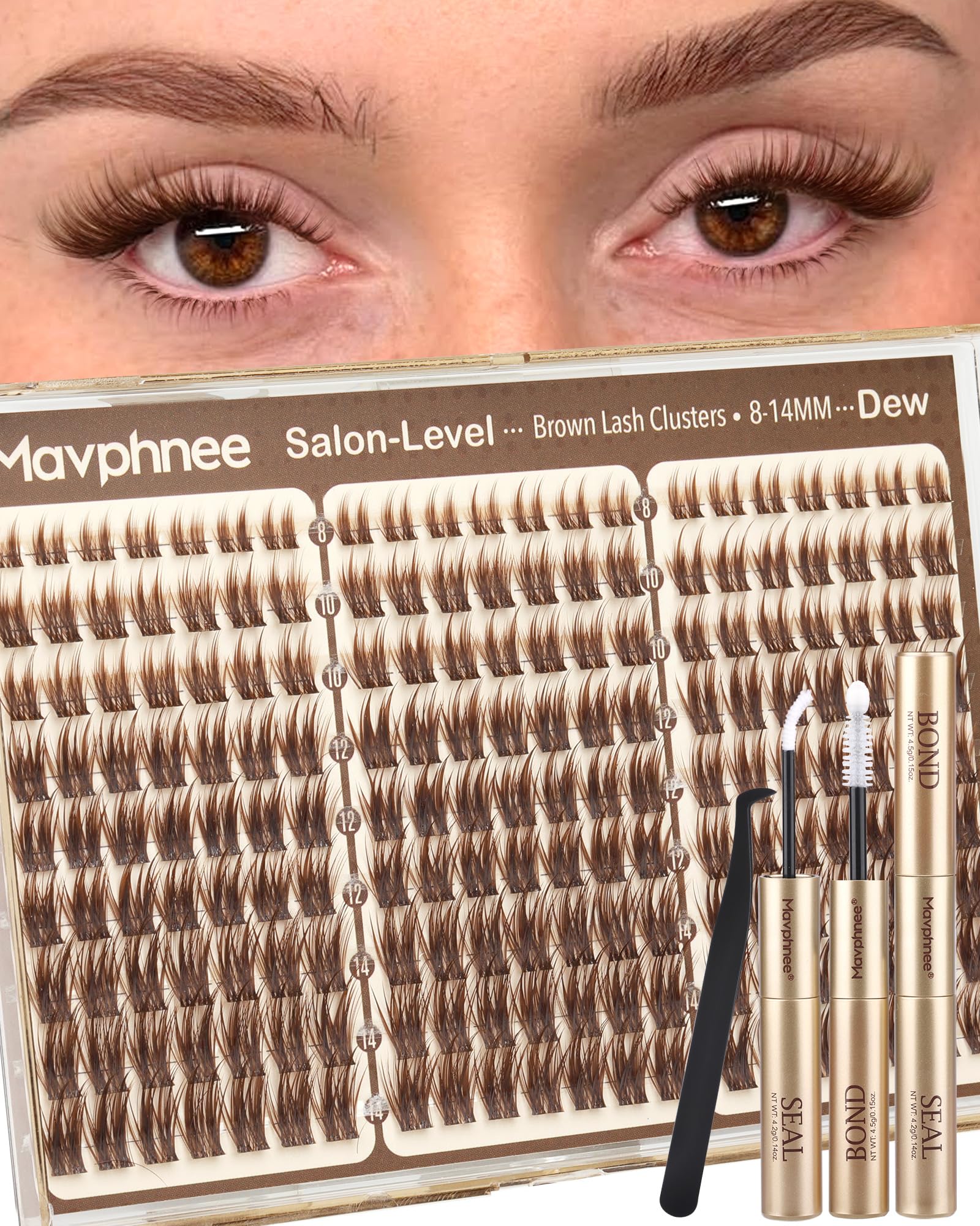 Mavphnee front packaging showing brown lash clusters and included tools for quick application