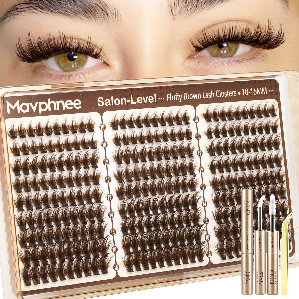 Mavphnee front packaging showing brown lash clusters and tools for easy at-home use