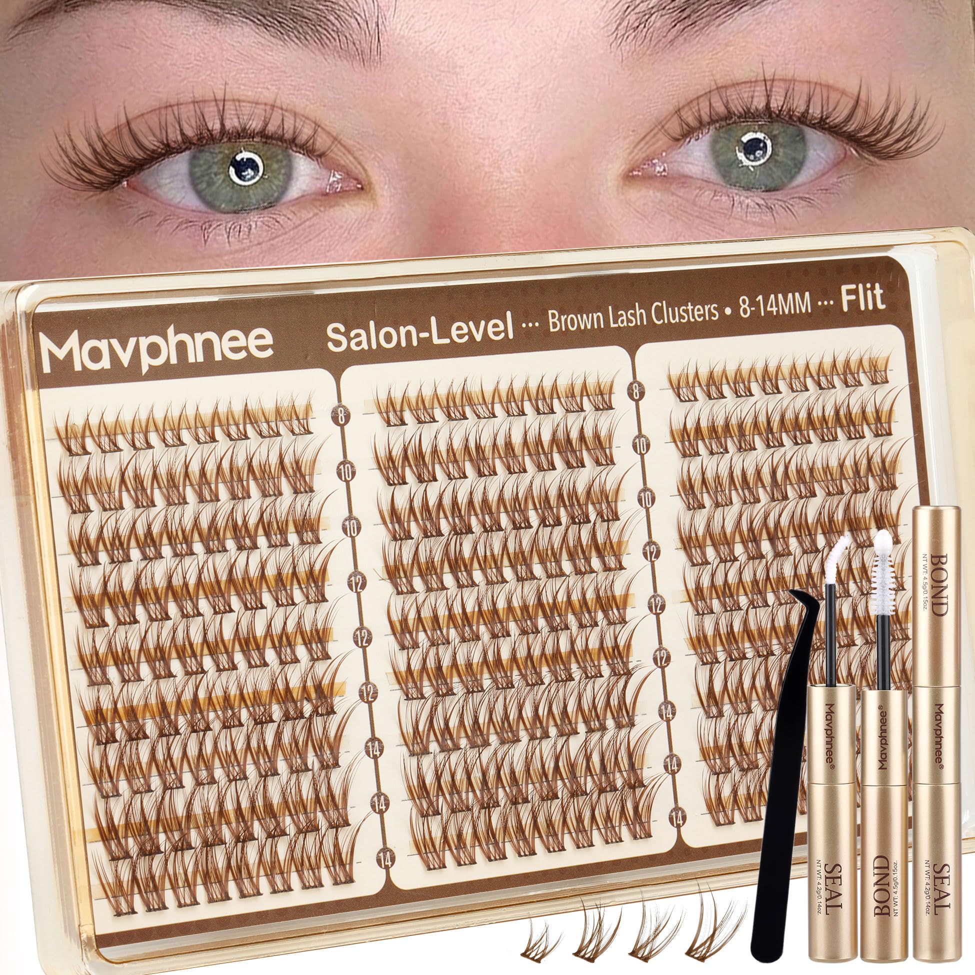 Mavphnee front packaging showing full brown lash cluster kit for easy at-home use