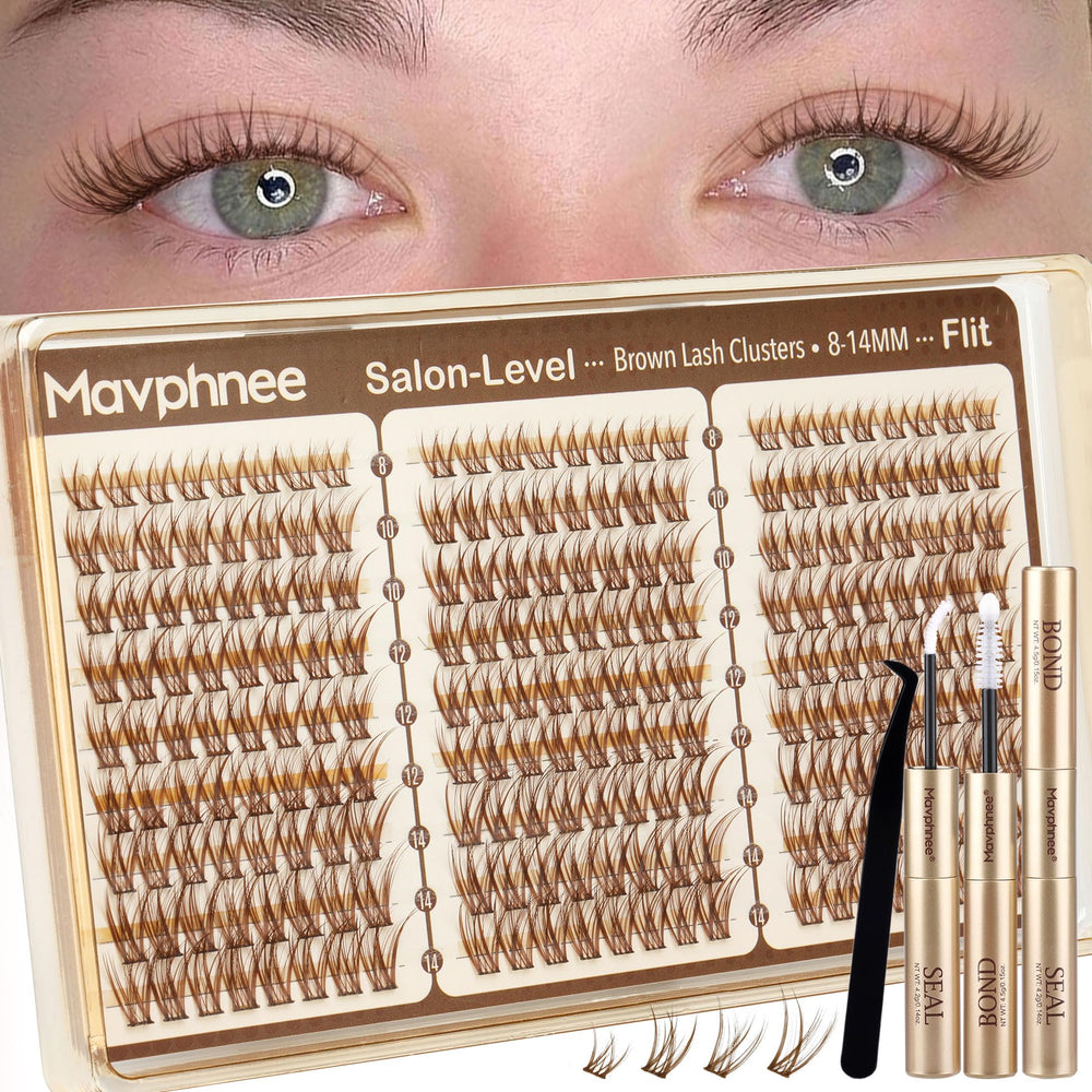 Mavphnee front packaging showing full brown lash cluster kit for easy at-home use