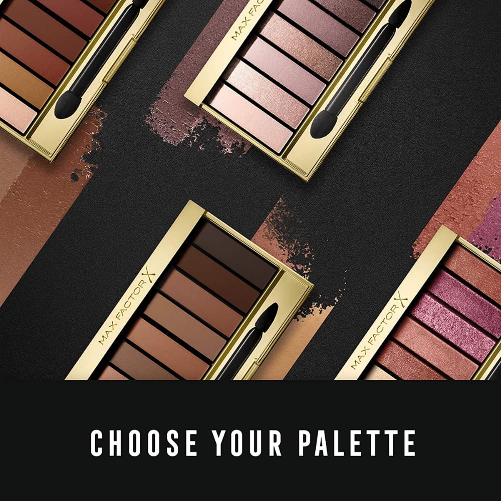 Max Factor palette with lid open revealing shade layout and easy application benefit