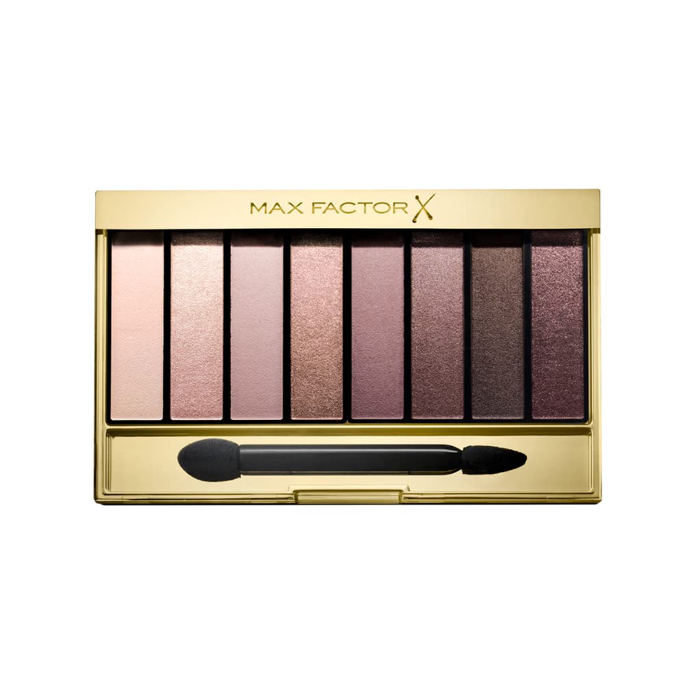 Max Factor palette front view showing the three rose-neutral shades and compact design benefit