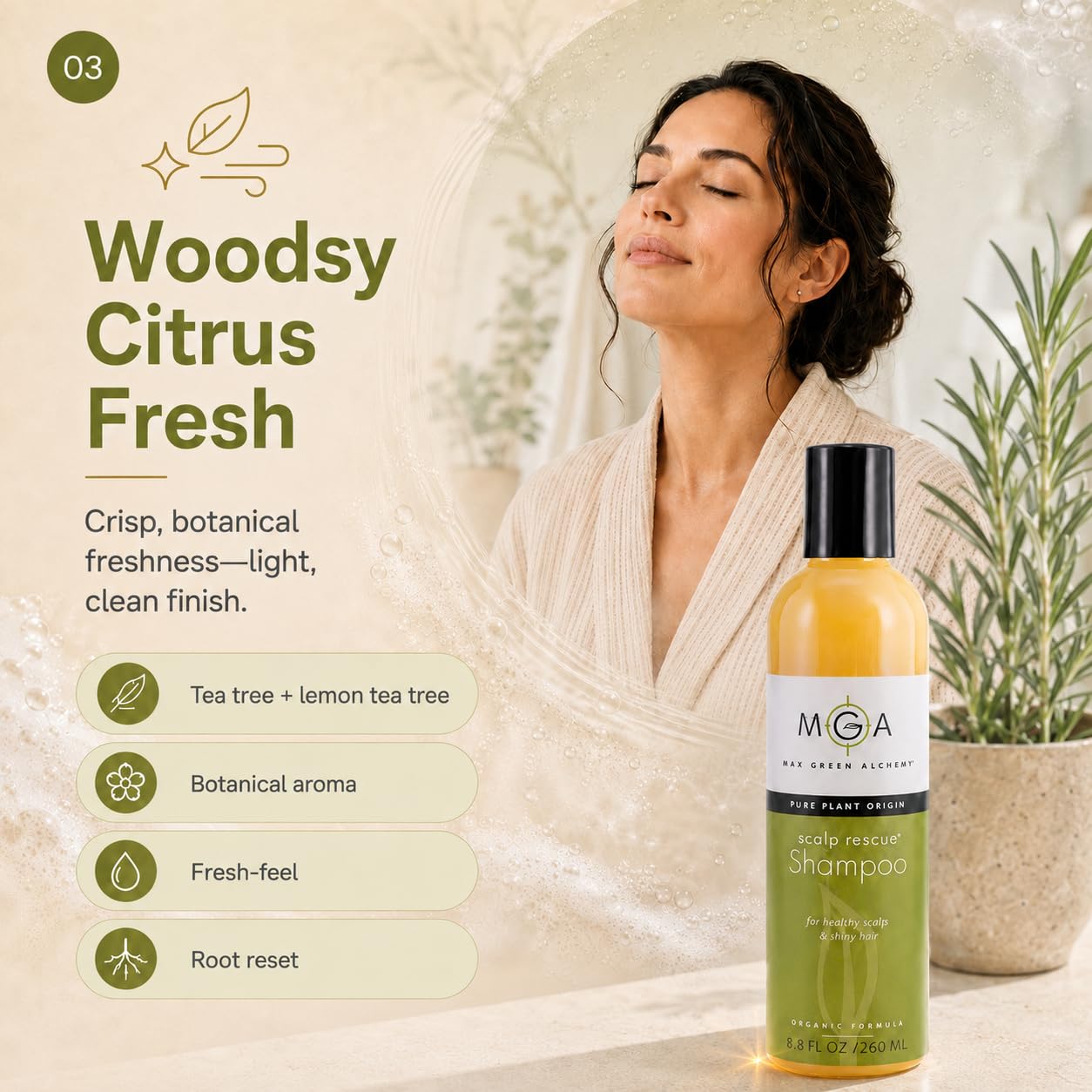 Max Green Alchemy bottle on bathroom shelf conveying daily use benefit