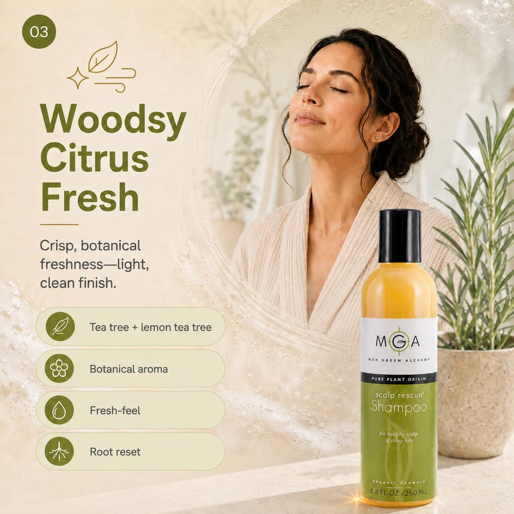 Max Green Alchemy bottle on bathroom shelf conveying daily use benefit