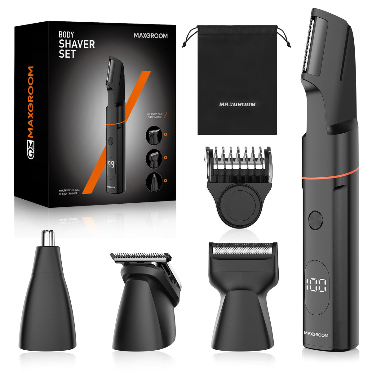 MAXGROOM front view showing full kit and attachments, easy organization benefit