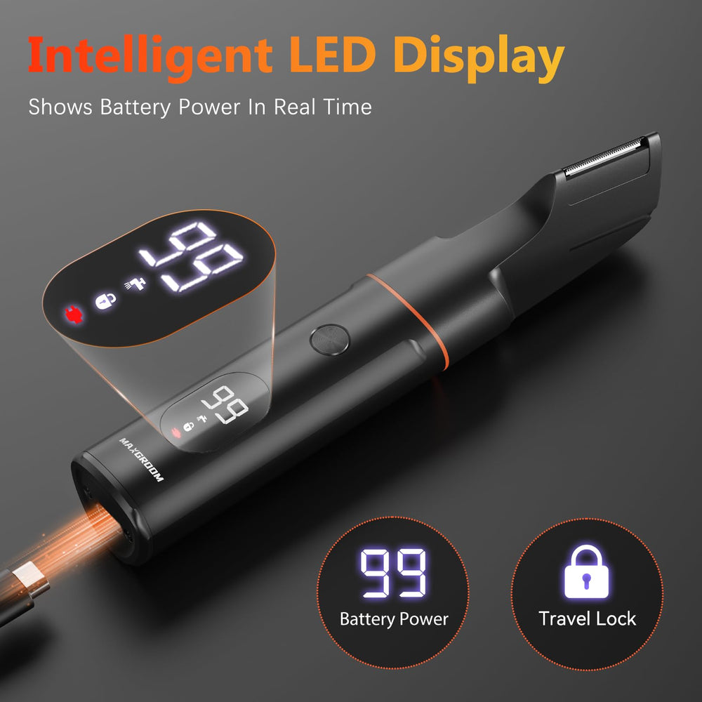 MAXGROOM LED display and controls showing battery level for charge awareness