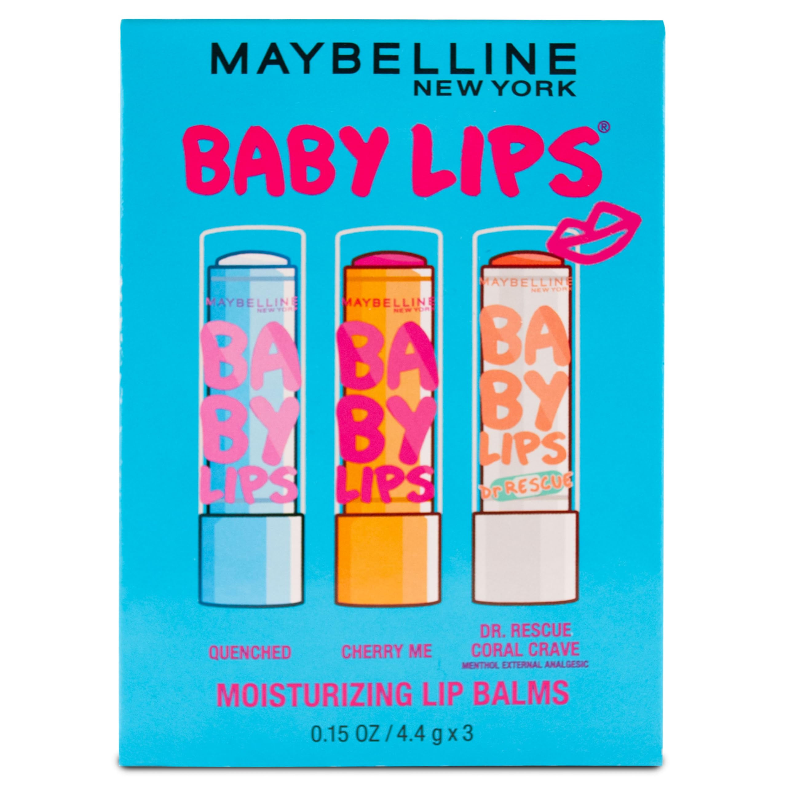 Maybelline Baby Lips 3-pack front packaging showing all three shades and portability