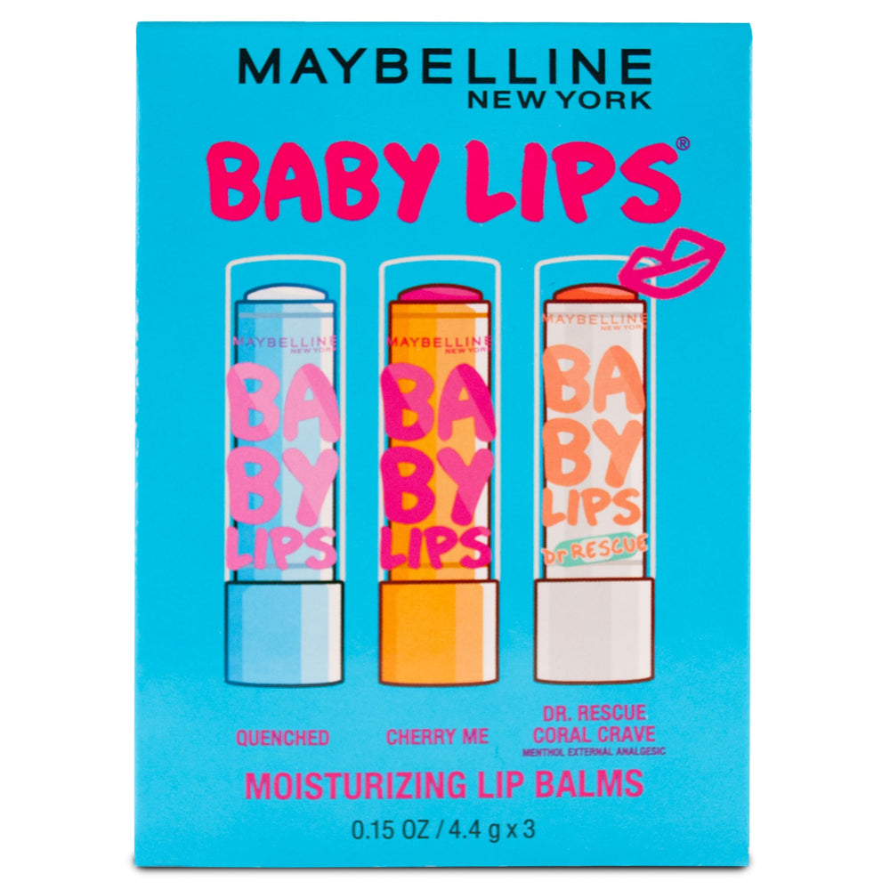 Maybelline Baby Lips 3-pack front packaging showing all three shades and portability