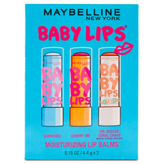 Maybelline Baby Lips 3-pack front packaging showing all three shades and portability