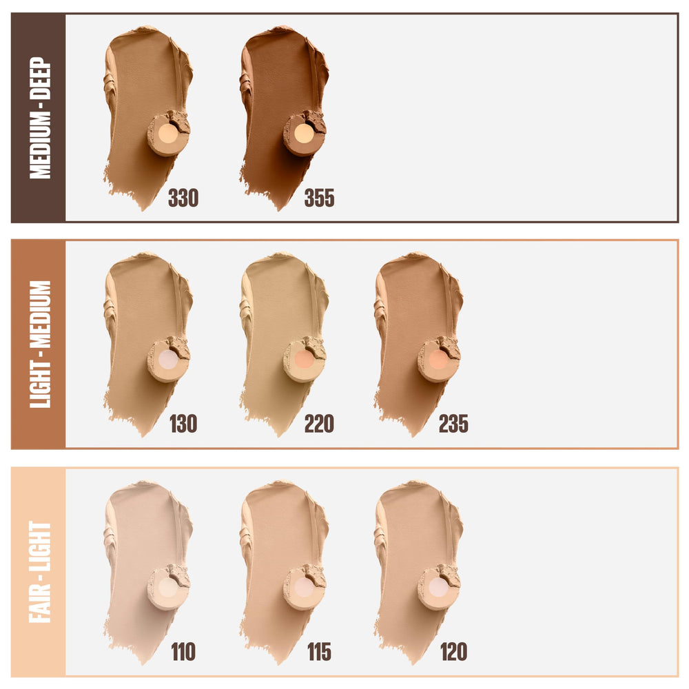 Arm swatches of Maybelline Fit Me shades demonstrating blendable medium coverage