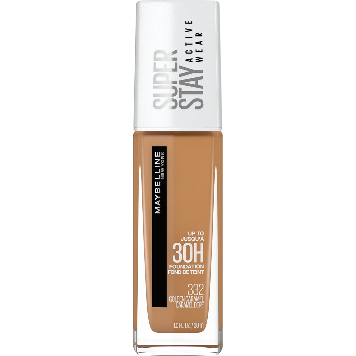 Maybelline front bottle shows Golden Caramel shade and long-wear benefit
