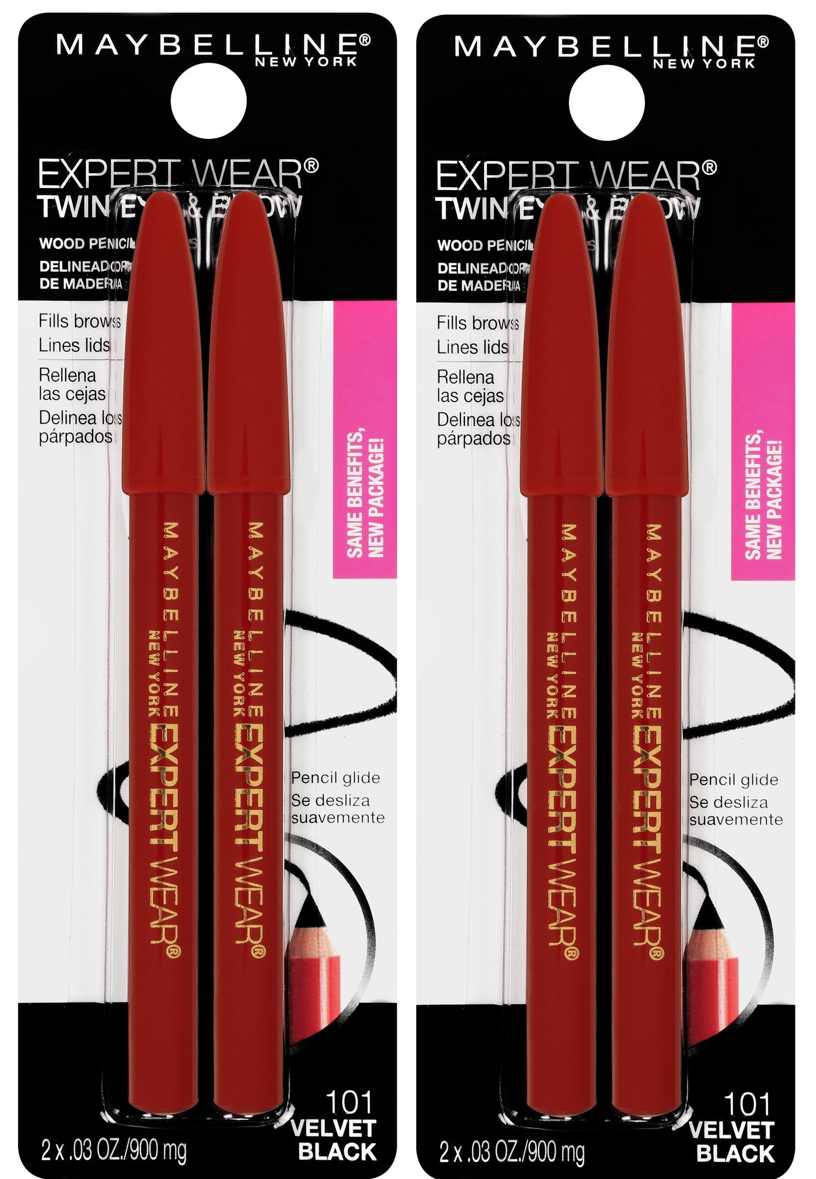 Maybelline front packaging showing twin pencil pack and product benefits