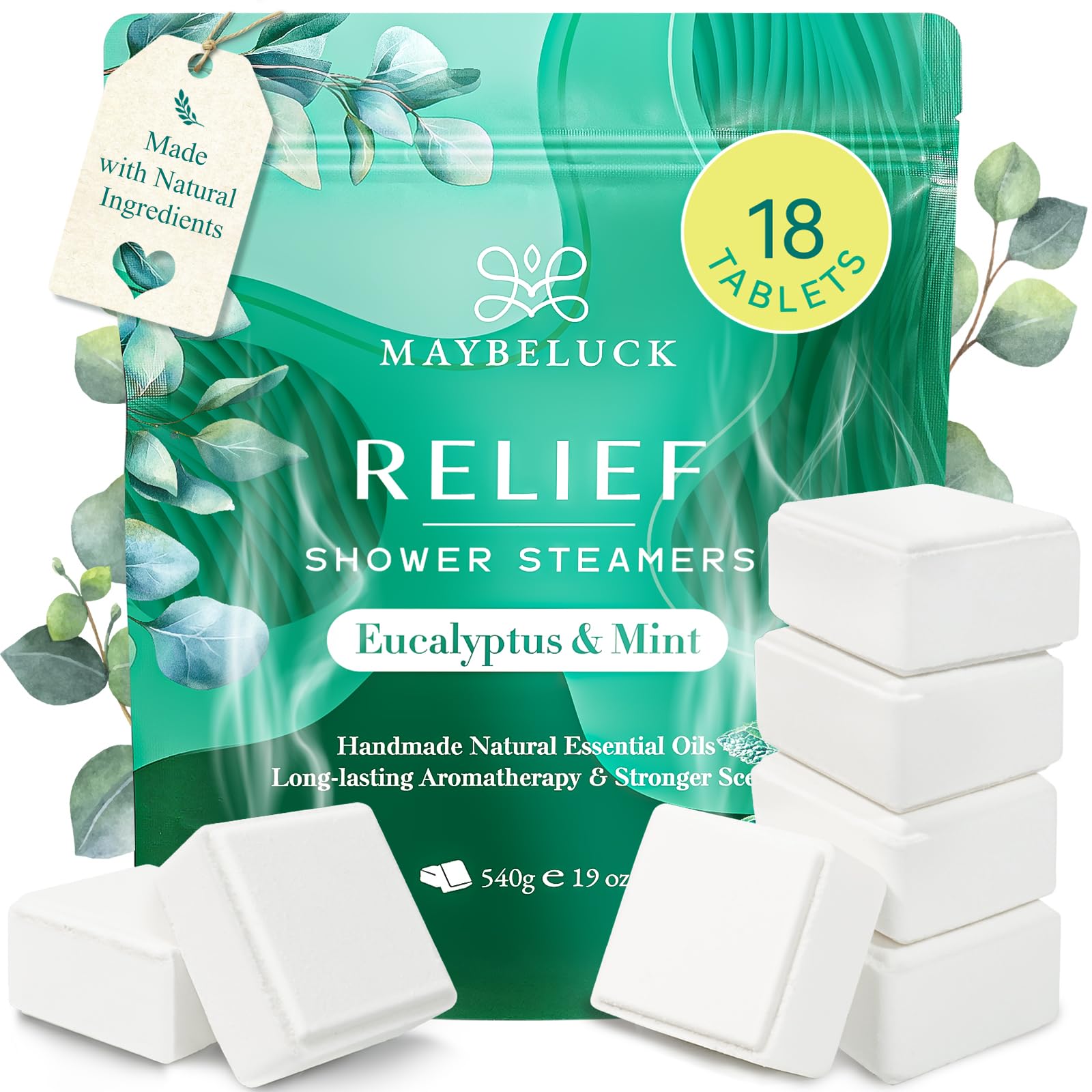Maybeluck front packaging showing 18 eucalyptus mint shower steamers for easy gifting