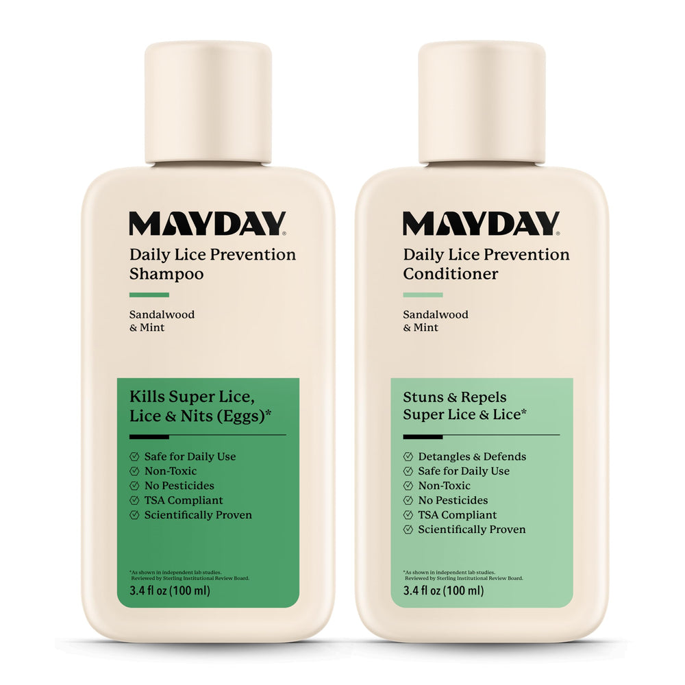 MAYDAY front packaging showing shampoo and conditioner, clear travel-friendly benefit
