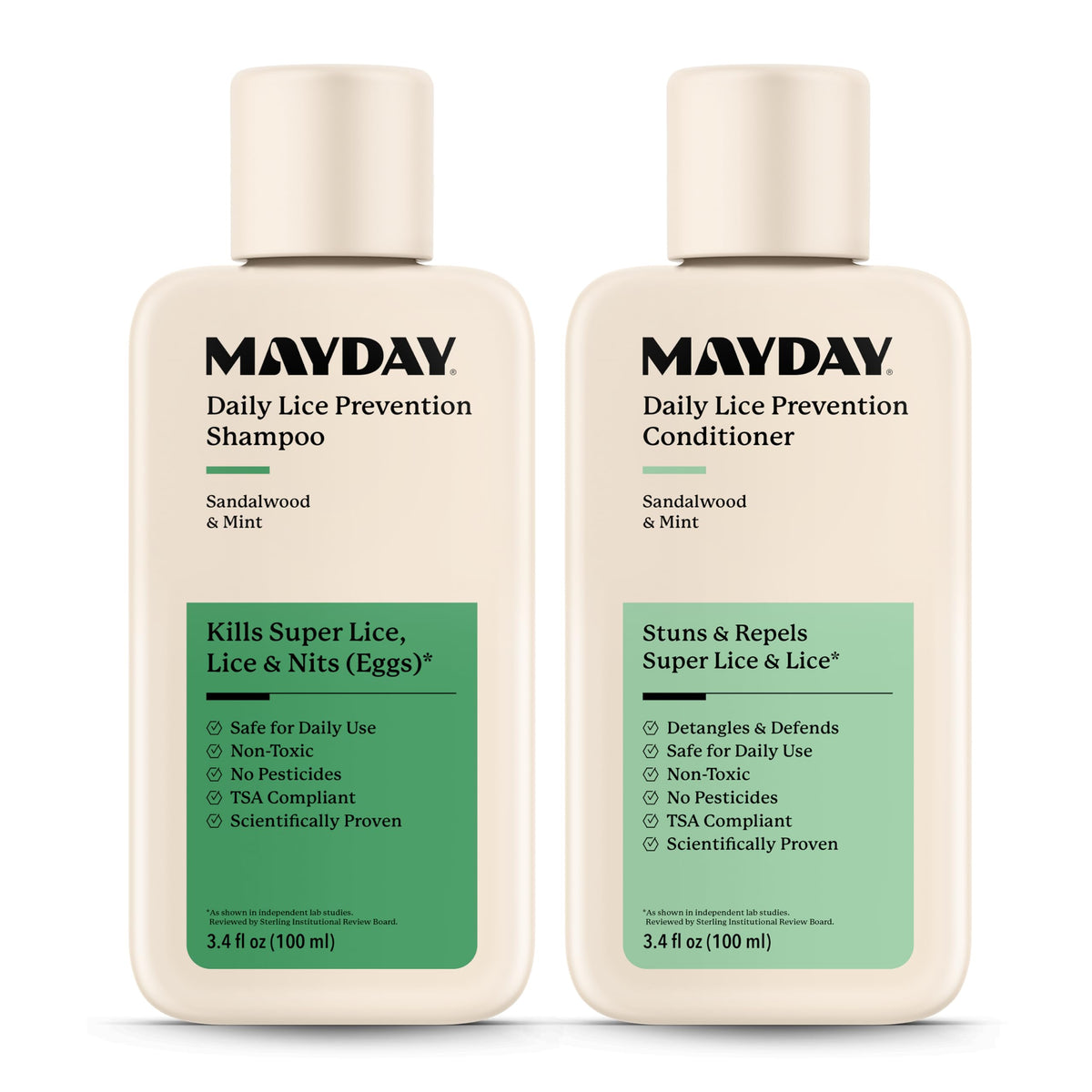 MAYDAY front packaging showing shampoo and conditioner, clear travel-friendly benefit