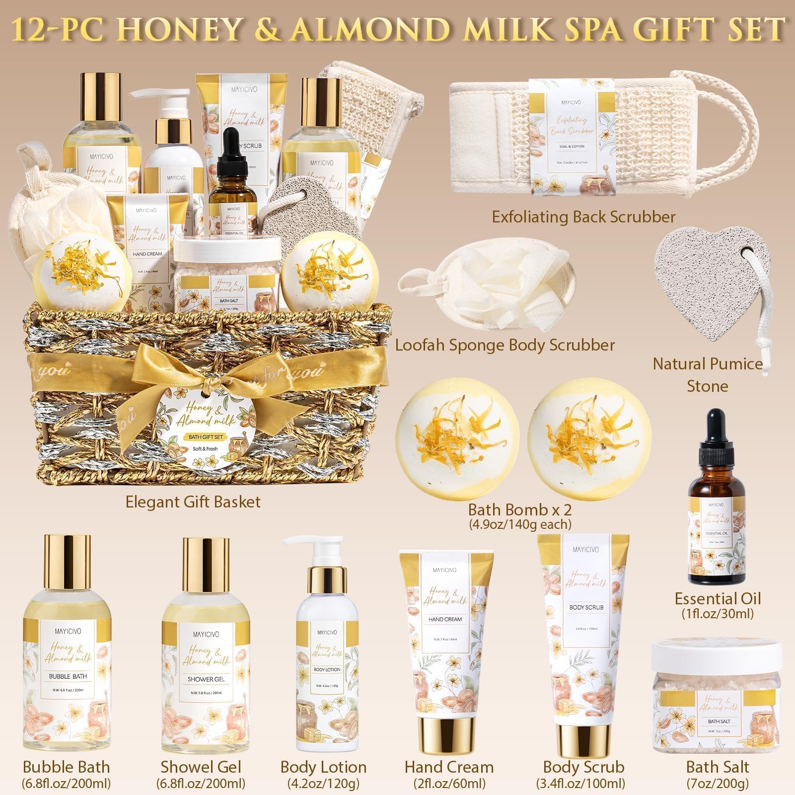 MAYICIVO honey almond bath and body bottles arranged, easy routine