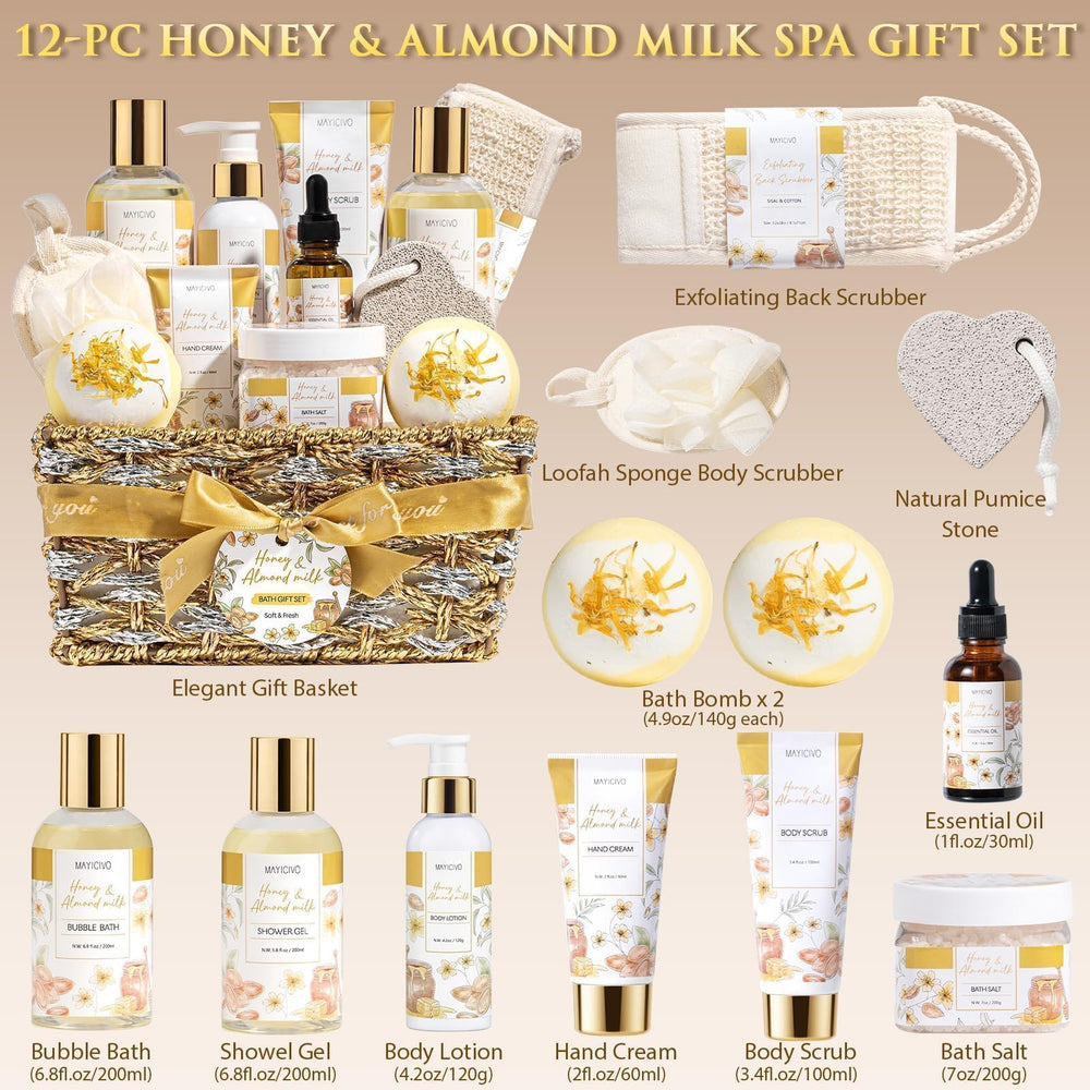 MAYICIVO honey almond bath and body bottles arranged, easy routine