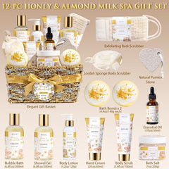 MAYICIVO honey almond bath and body bottles arranged, easy routine