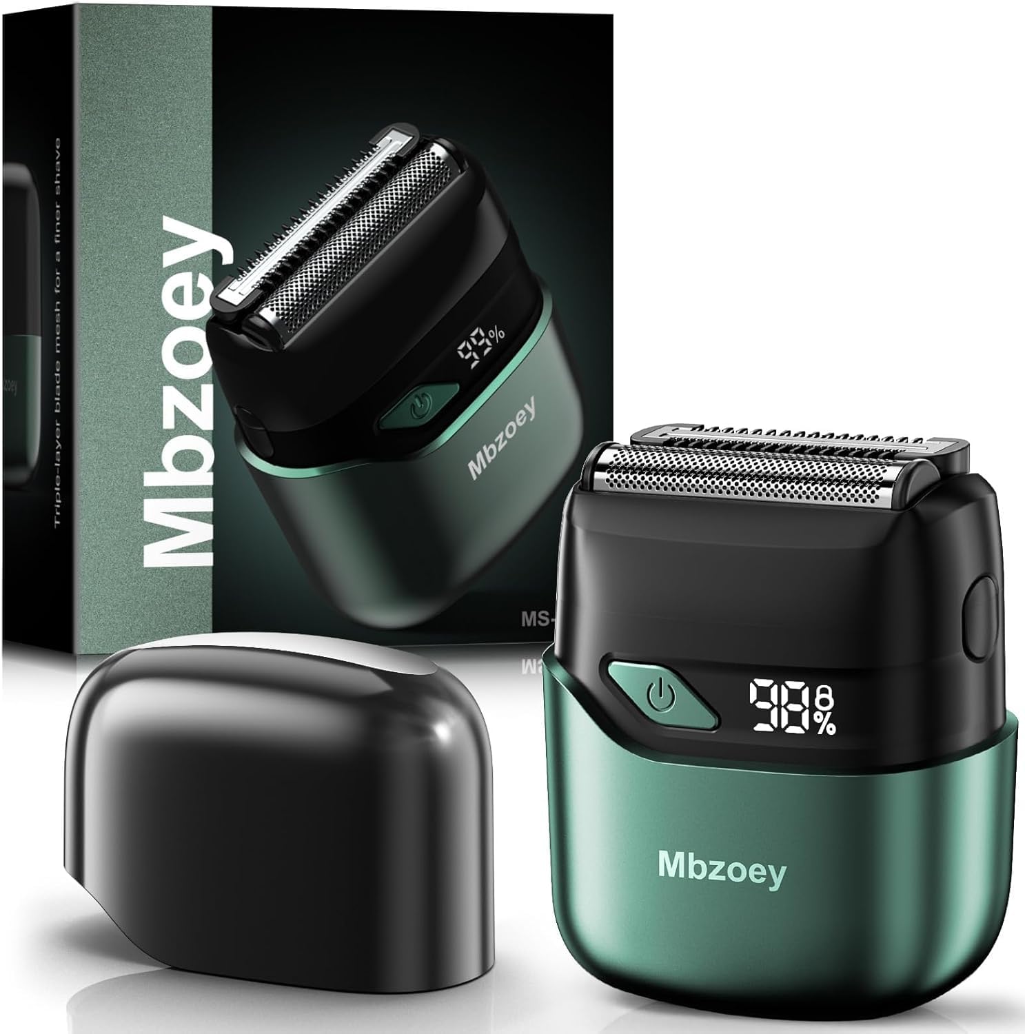 Mbzoey front view of emerald foil shaver showing ergonomic shape and portability