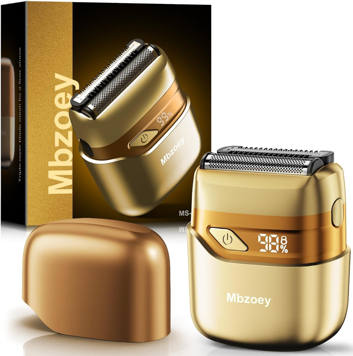 Mbzoey light gold front view showing sleek ergonomic body and benefits