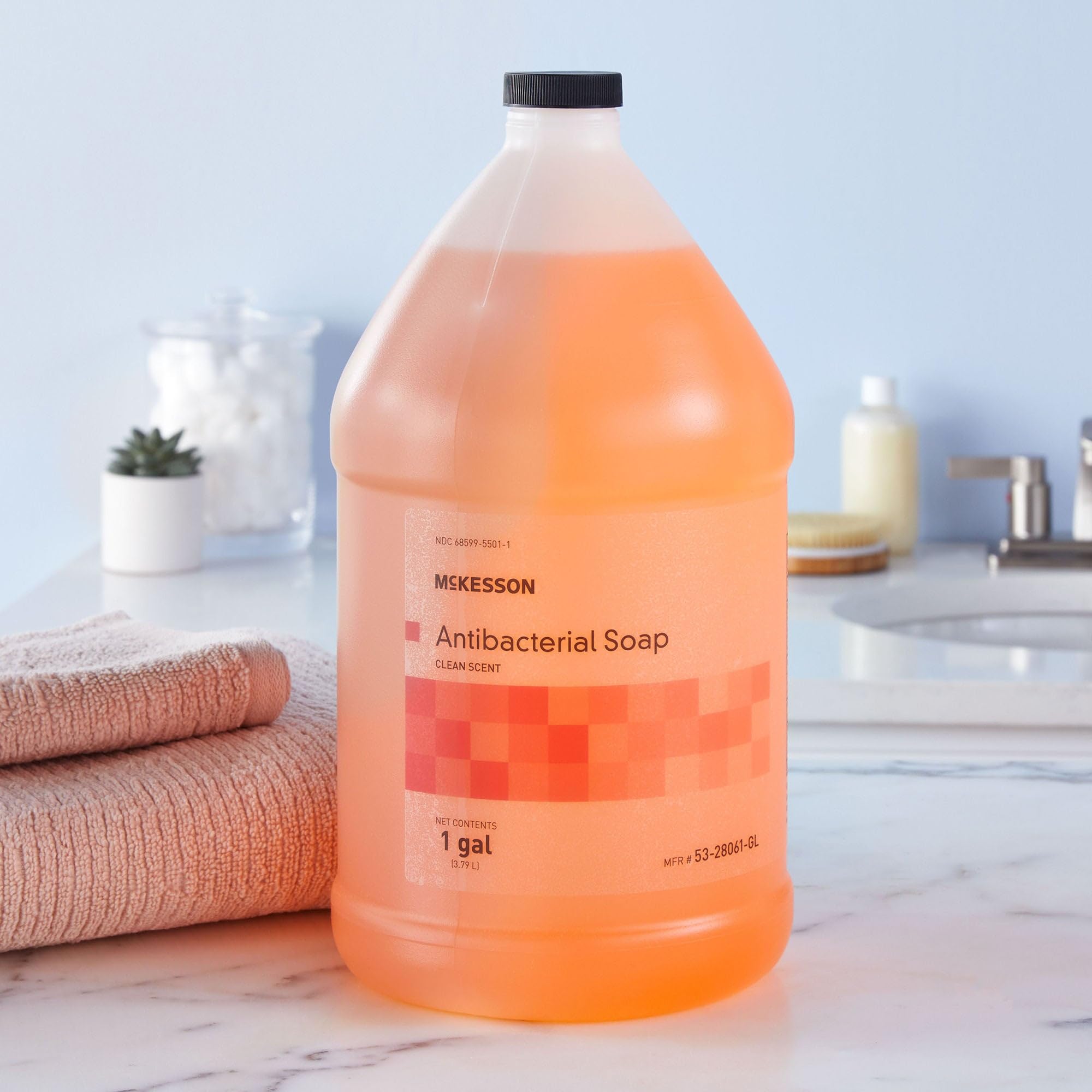 McKesson gallon jugs on shelf showing bulk storage efficiency benefit