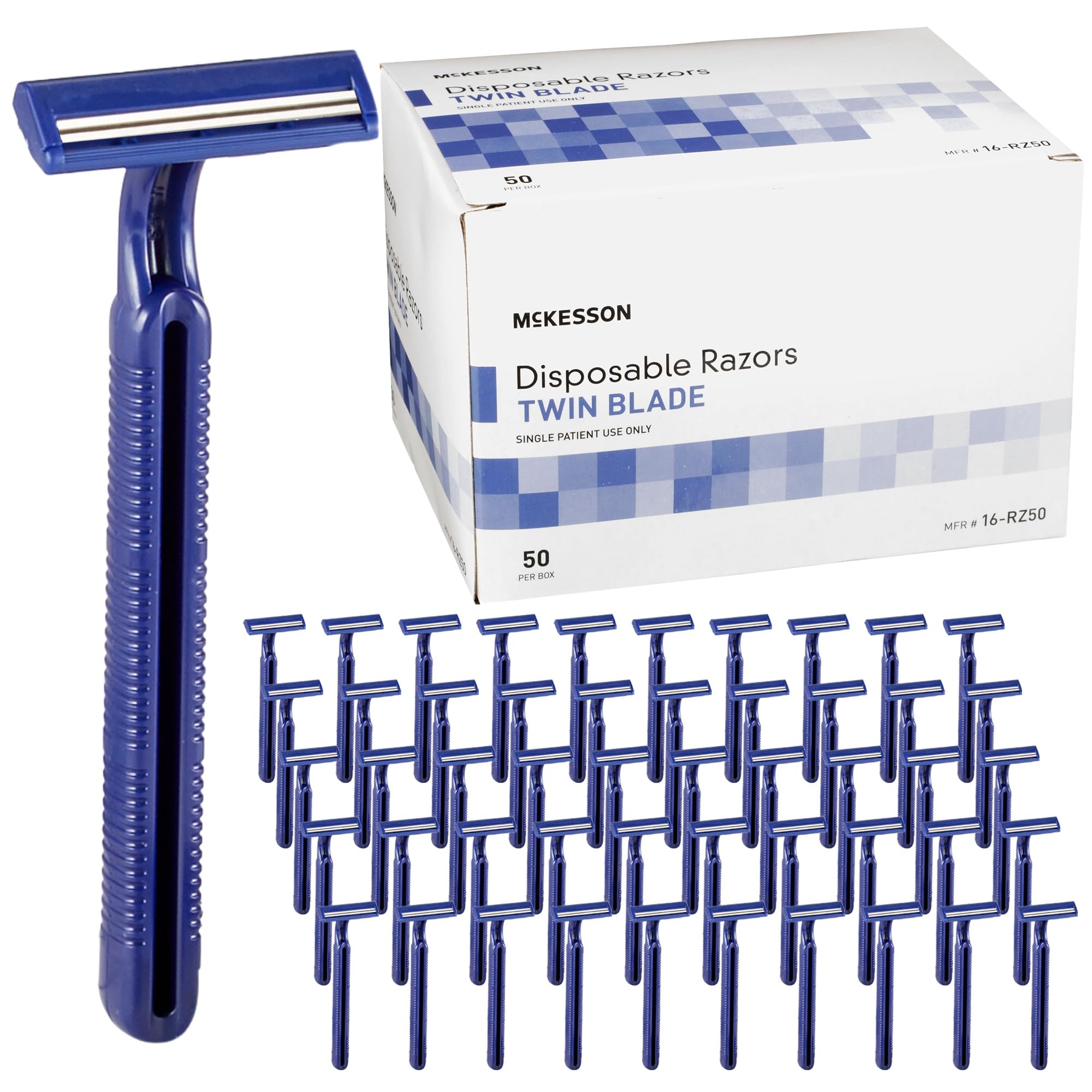 McKesson front packaging showing 50 blue-handle disposable razors for easy stocking