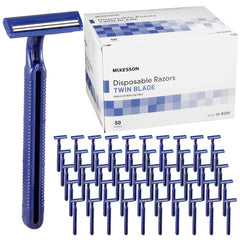 McKesson front packaging showing 50 blue-handle disposable razors for easy stocking