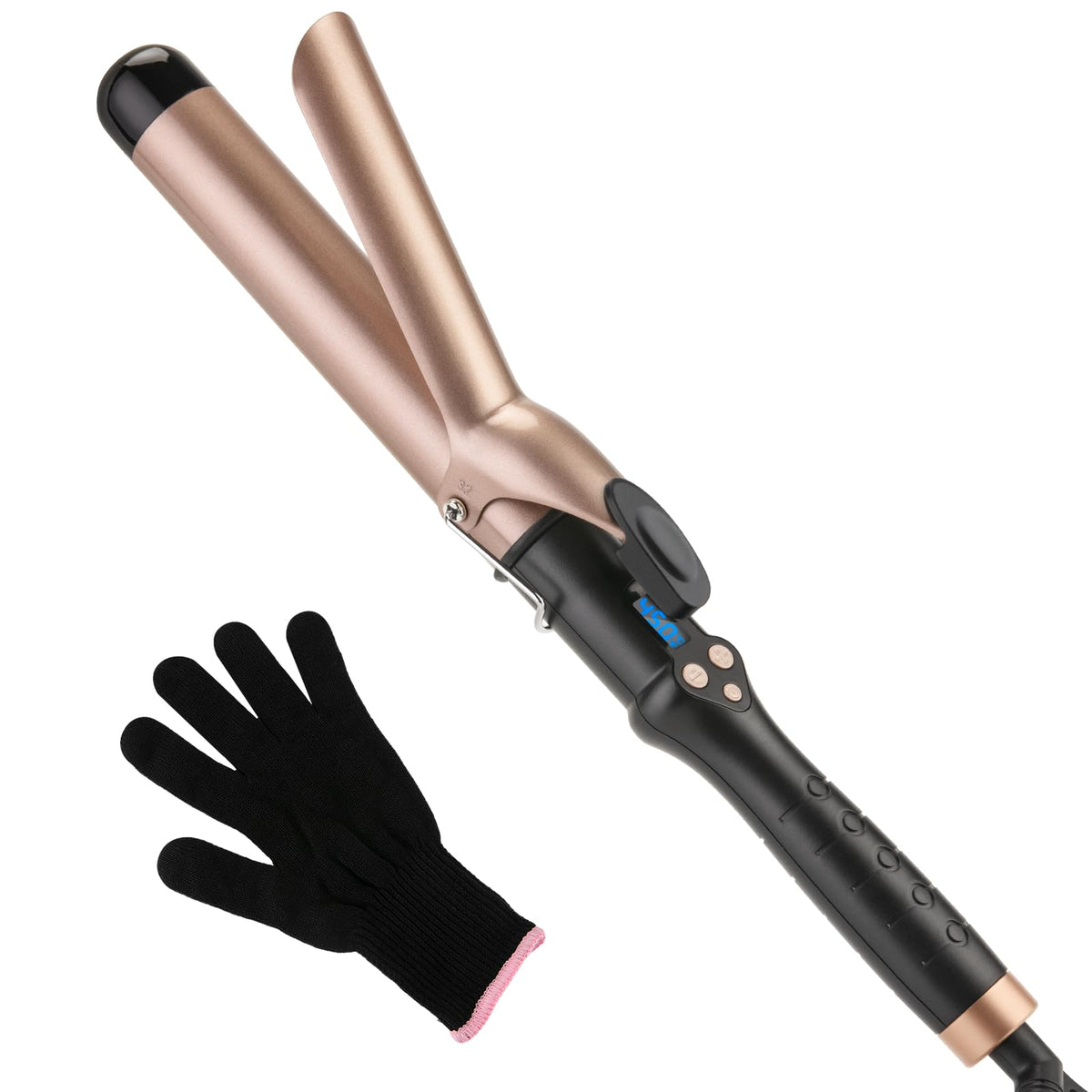 MCODON curling iron front view showing clamp and barrel for easy styling