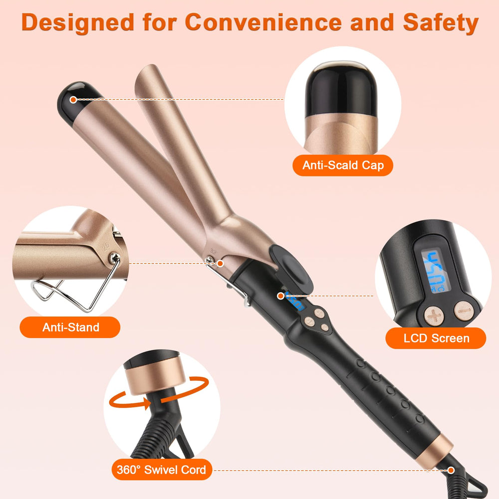 MCODON curling iron on vanity illustrating compact travel-ready styling
