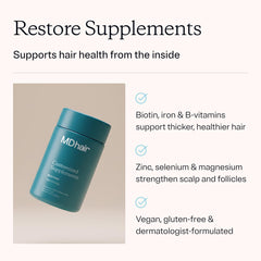 MDhair capsule close-up highlighting texture and easy-to-swallow vegan shell