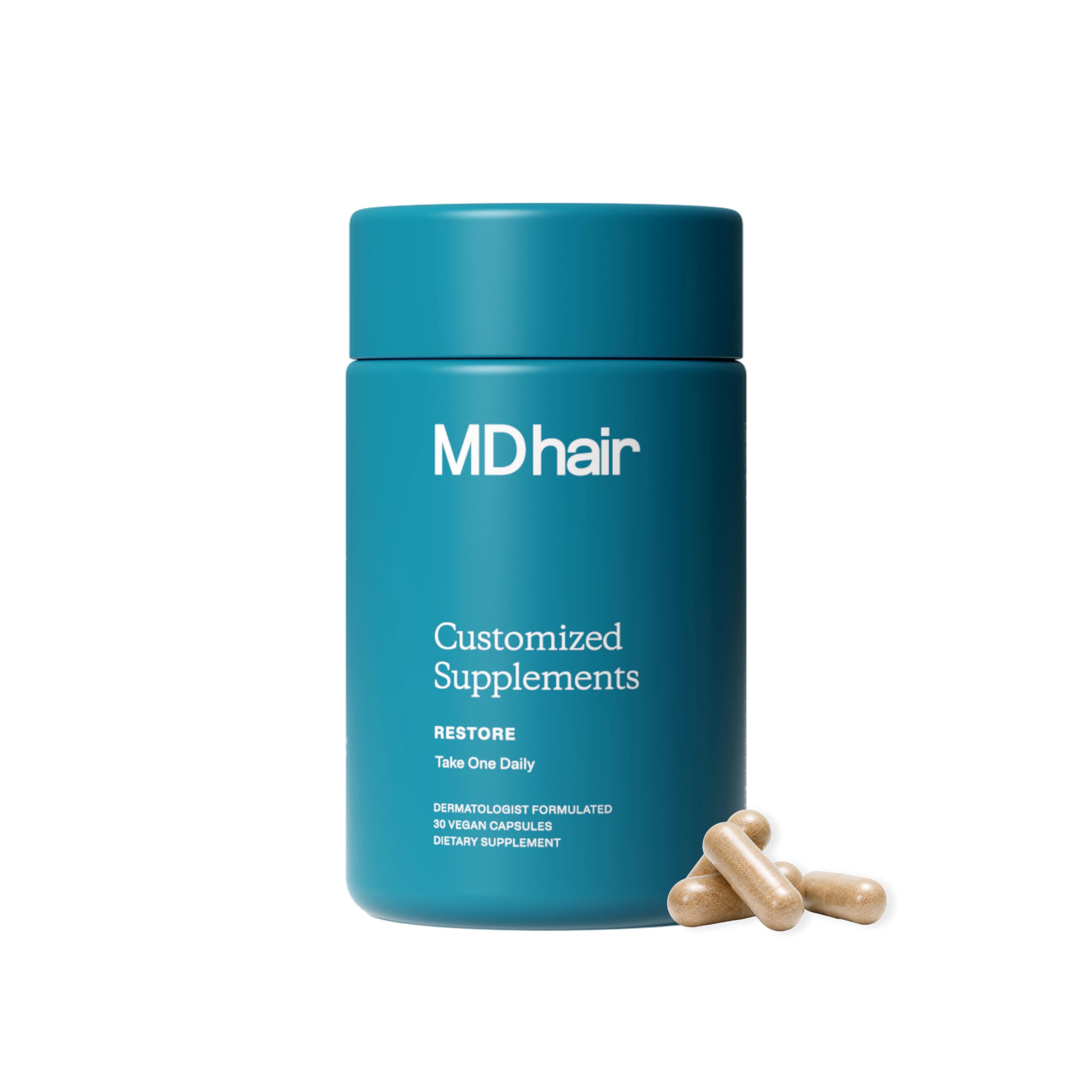 MDhair bottle front view showing supplement packaging and clear branding benefits