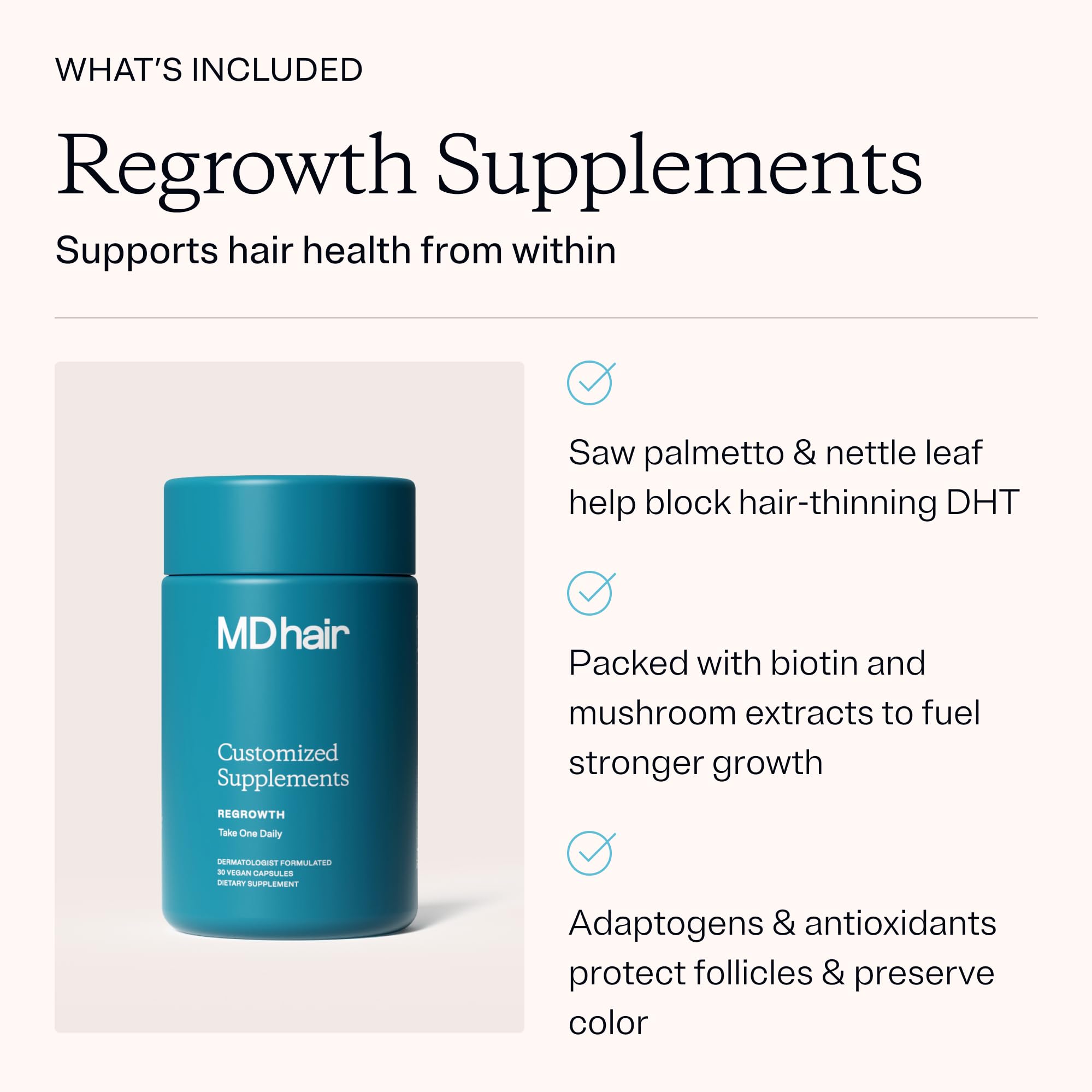 MDhair supplement label close-up showing botanical ingredients benefit