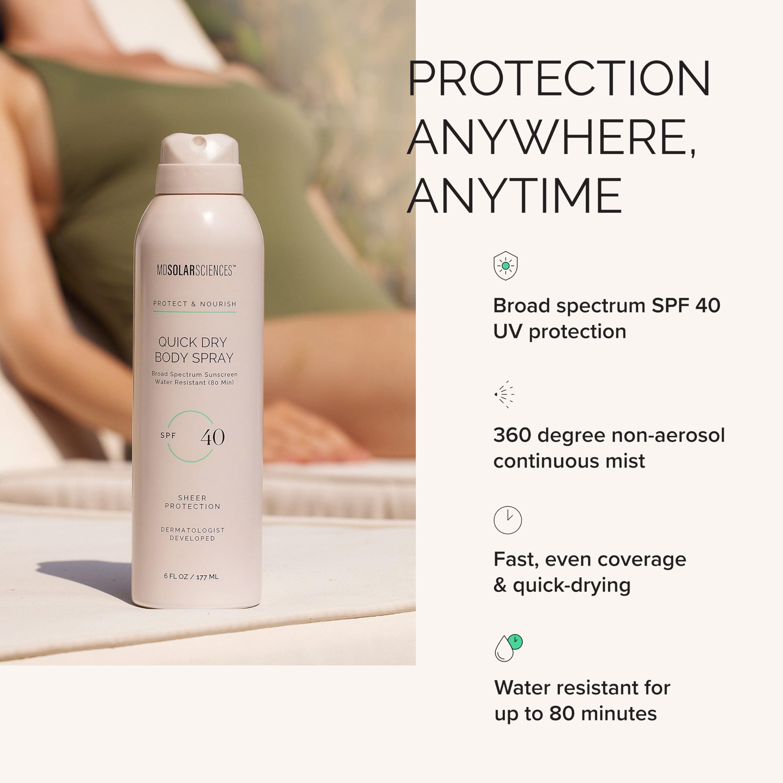 MDSolarSciences spray in use on beach demonstrating water-resistant protection