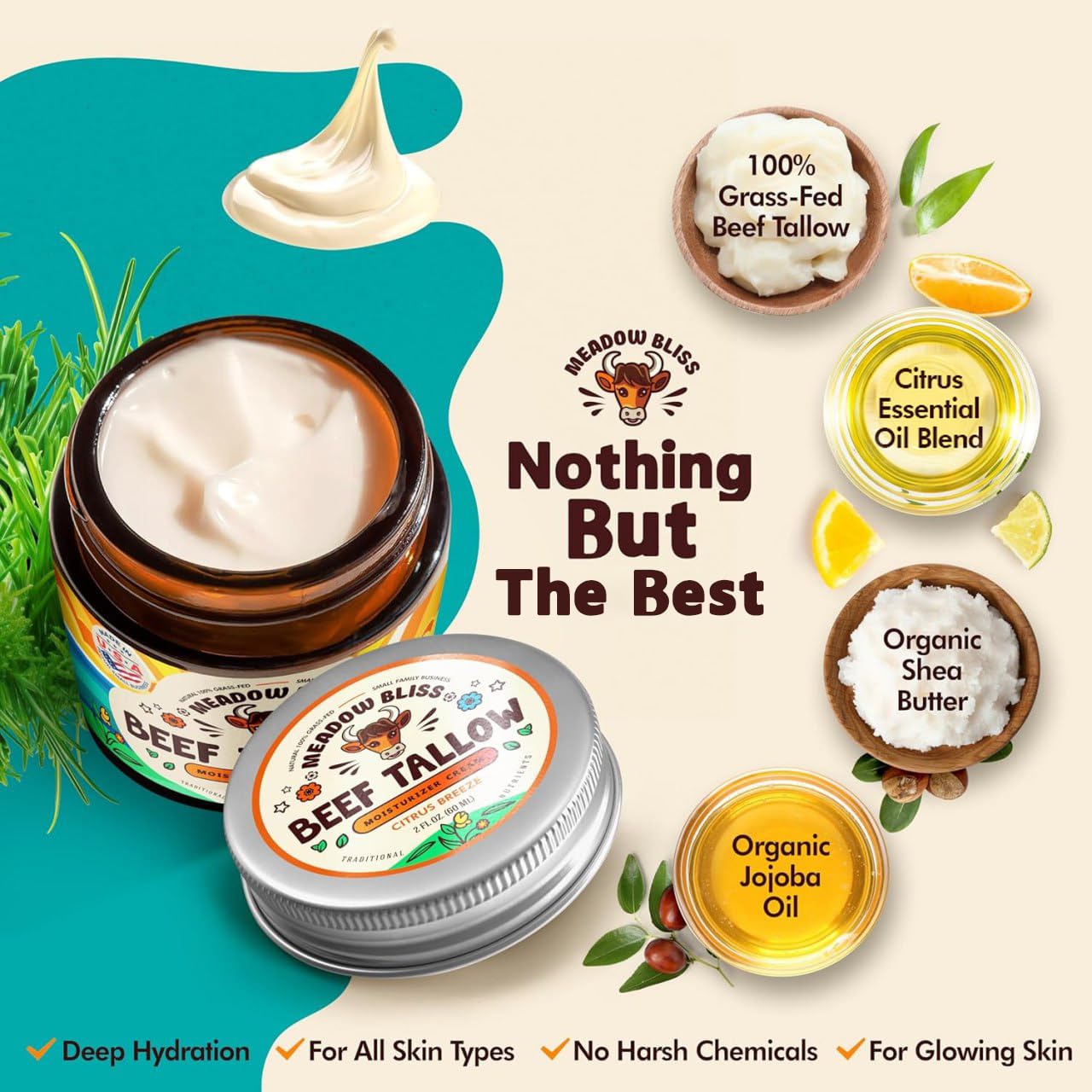 Meadow Bliss ingredients arranged with shea and jojoba highlighting natural sourcing