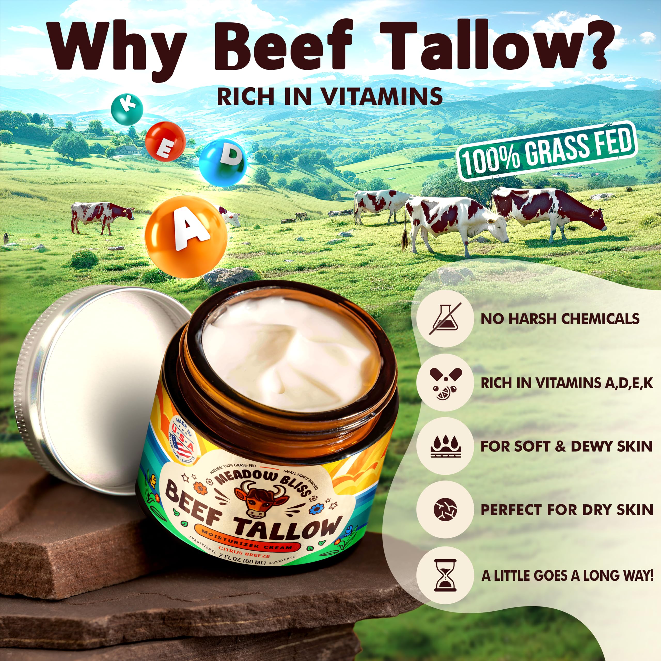 Meadow Bliss label close-up showing ingredient list and nourishing vitamin benefits