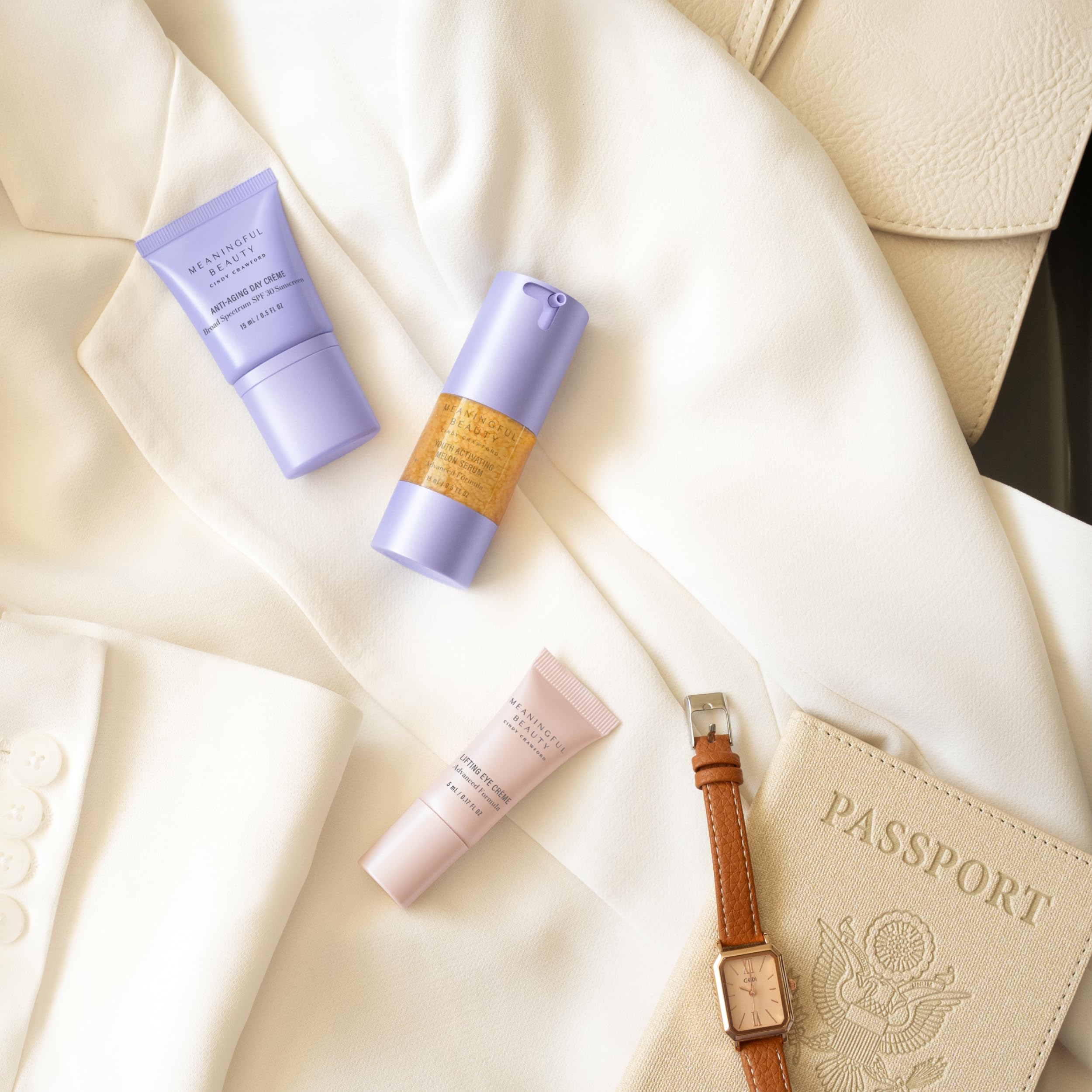 Meaningful Beauty trio styled on bathroom counter to illustrate everyday skincare use
