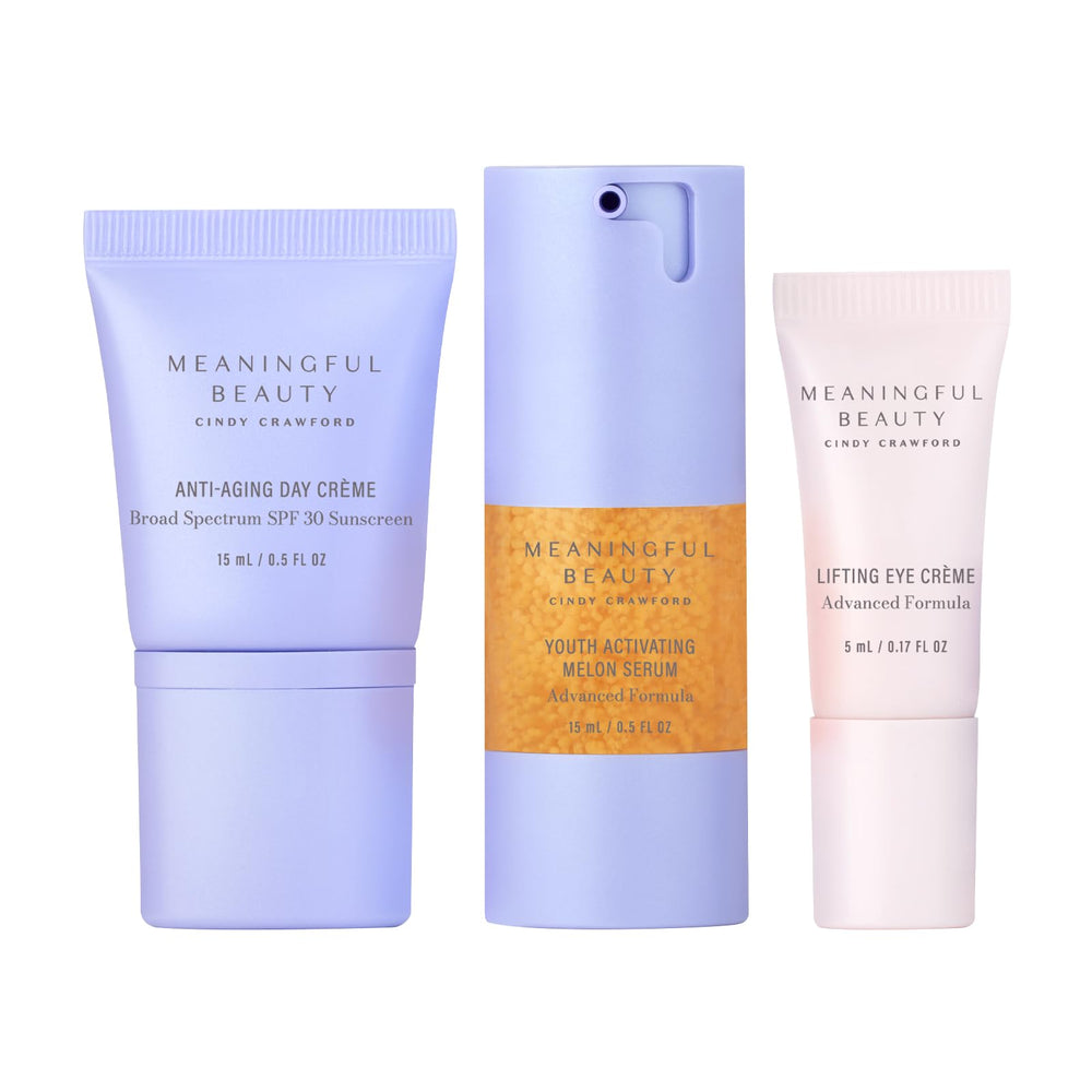 Meaningful Beauty travel kit front packaging showing all three products for convenient routines