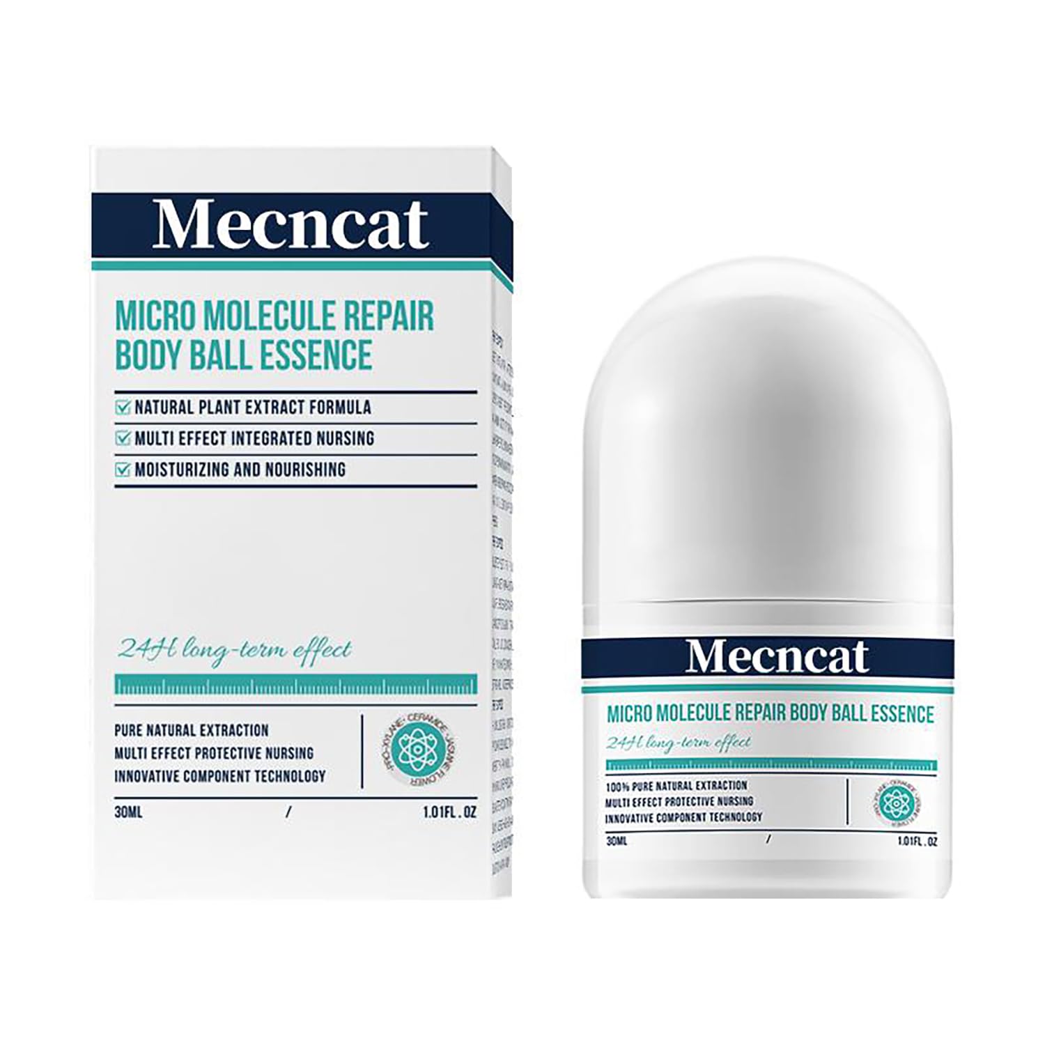 Mecncat roll-on front packaging showing compact, portable design and hydration benefit