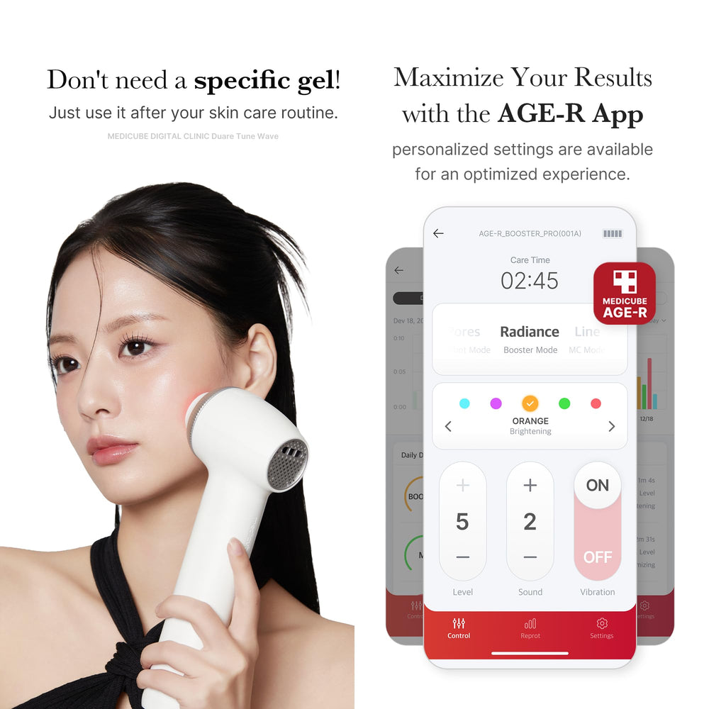 medicube Age-R Ultra Tune packaging with AGE-R app on phone for guided routines
