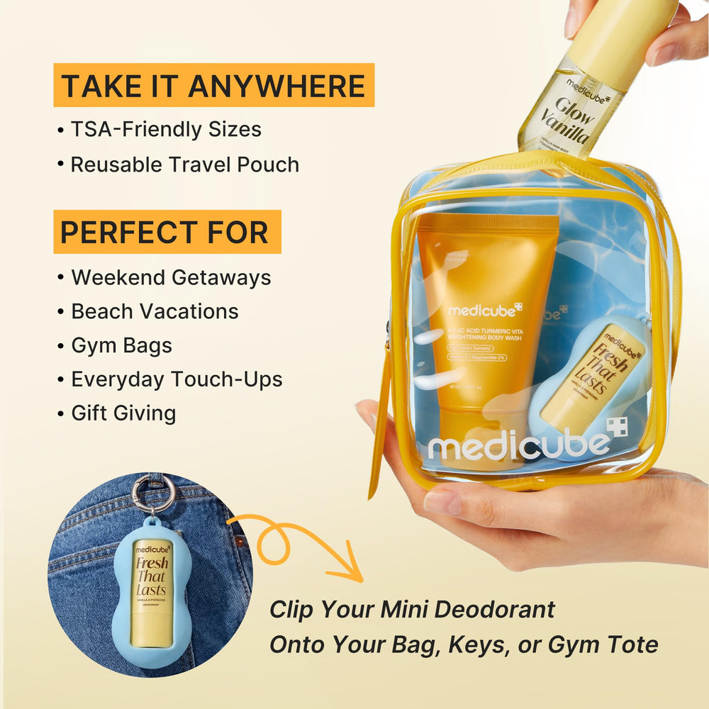medicube deodorant label close-up showing warm vanilla scent benefit