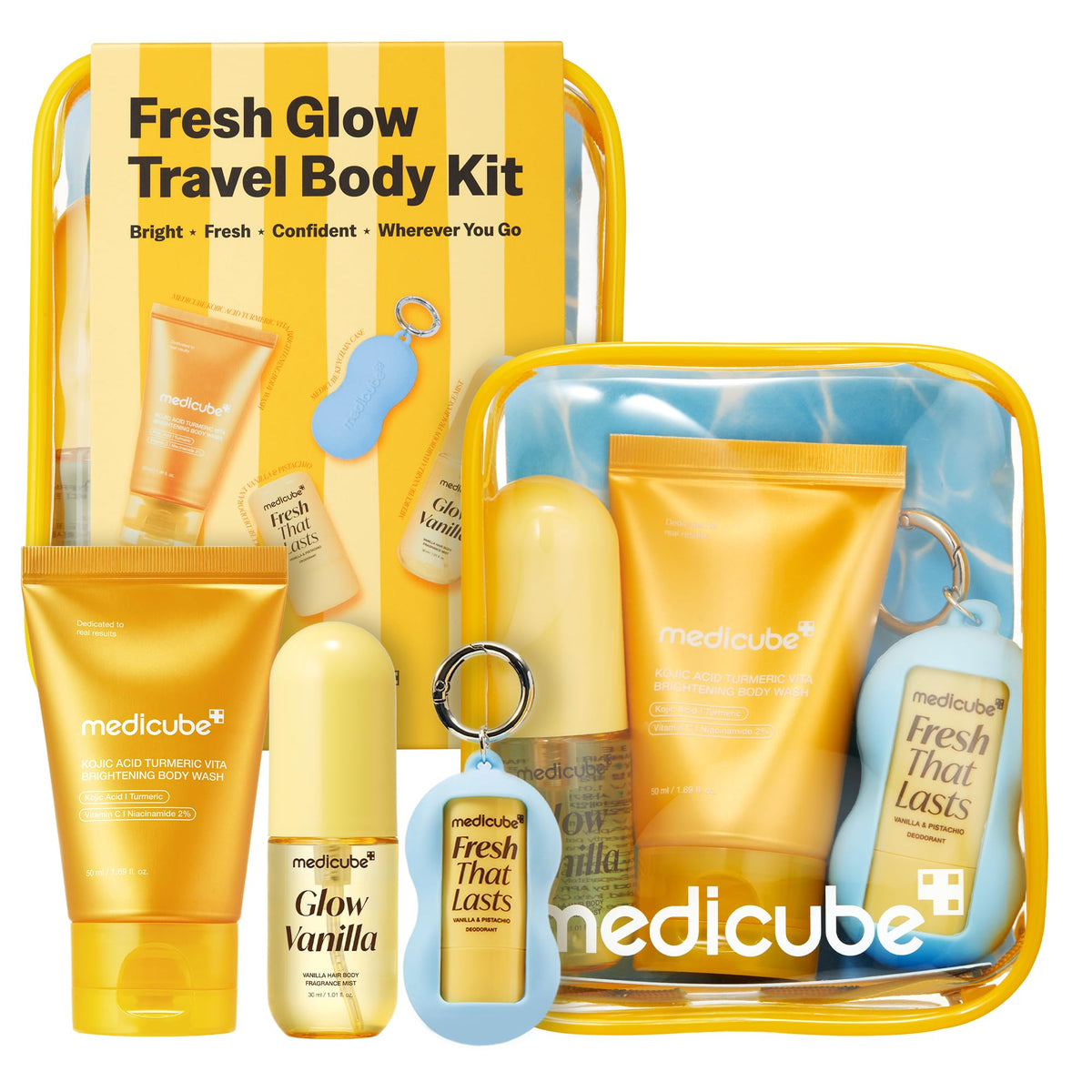 medicube front packaging showing travel-ready three-step set for convenience