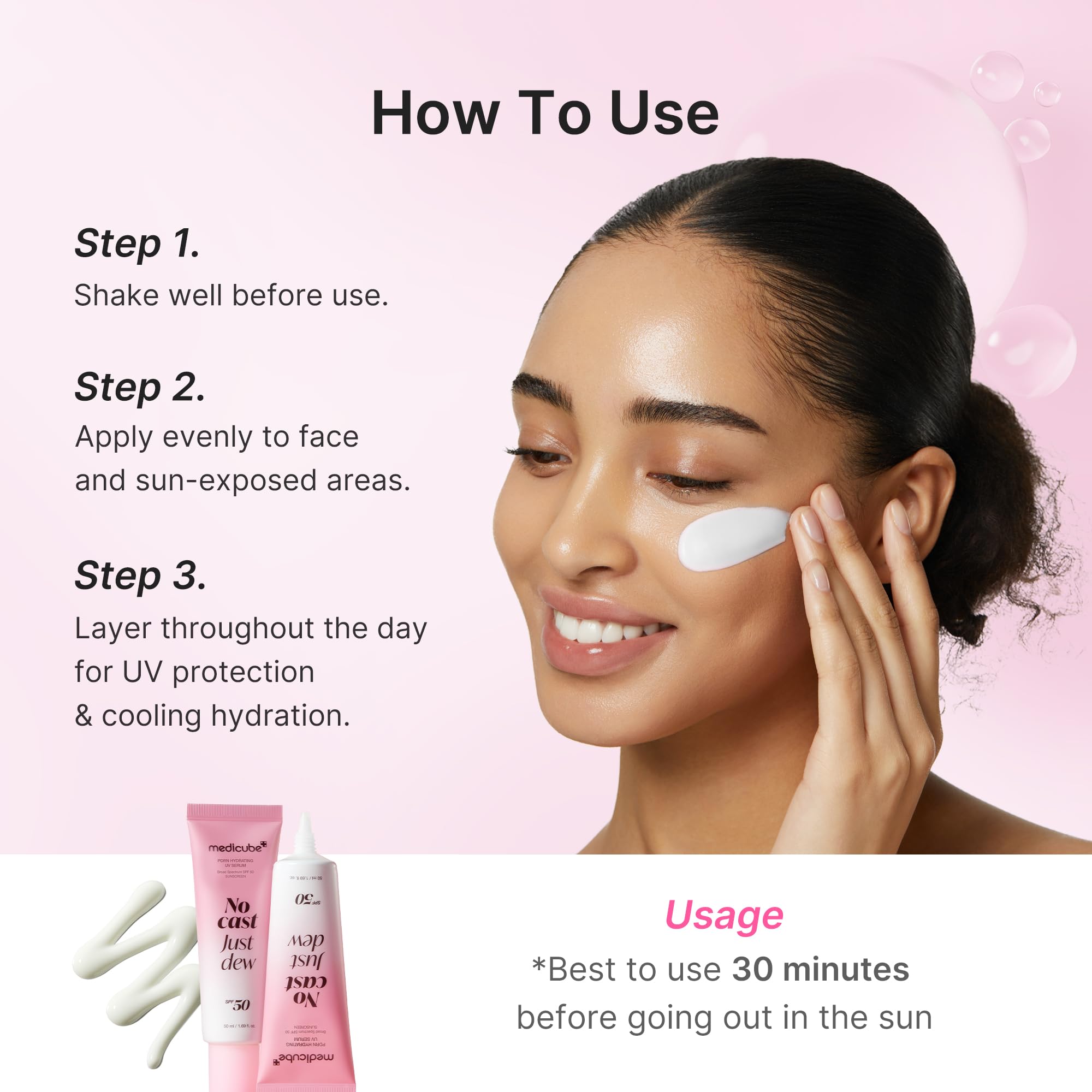 medicube swatches on different skin tones showing no white cast benefit