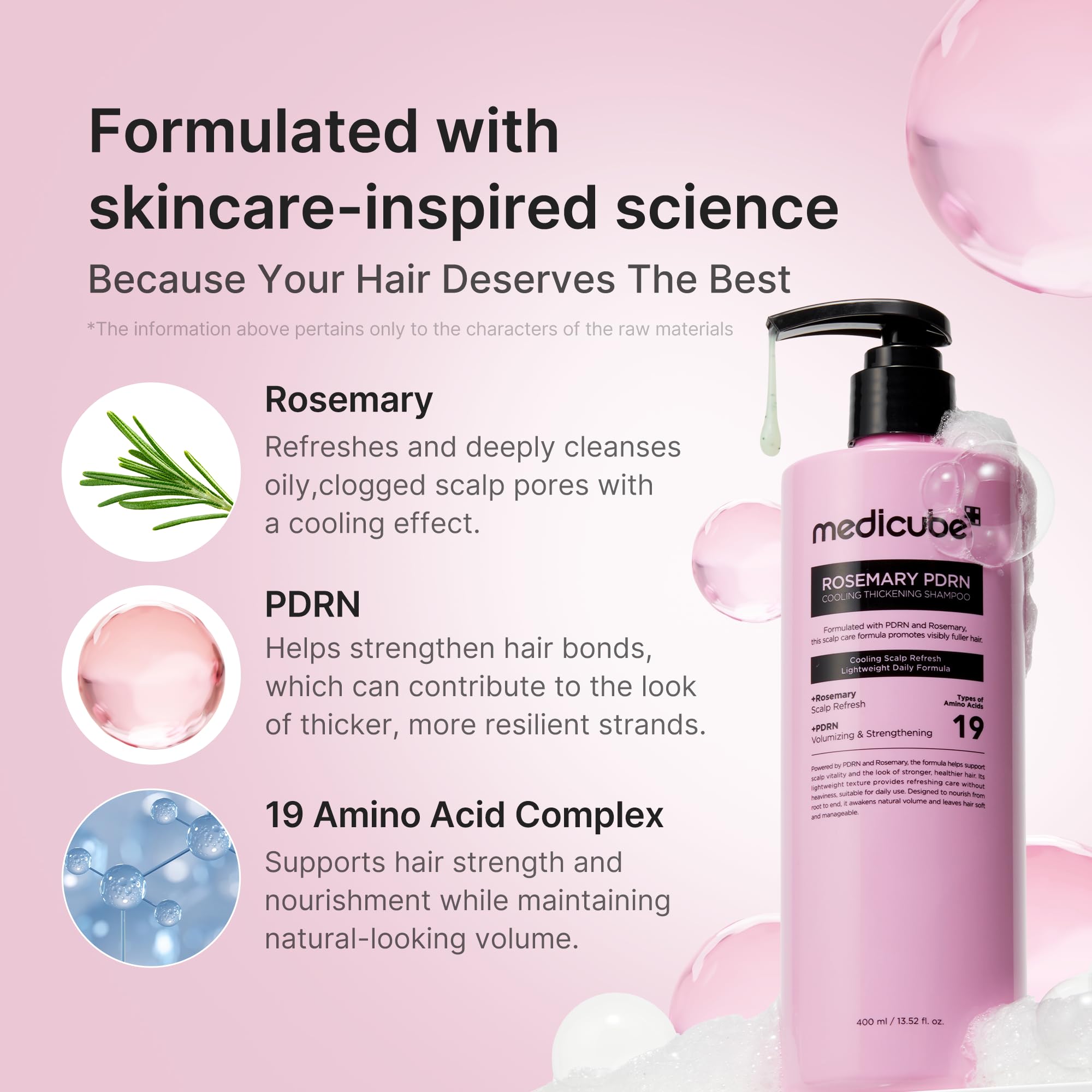 medicube shampoo bottle held to show 13.52 fl.oz size and portability