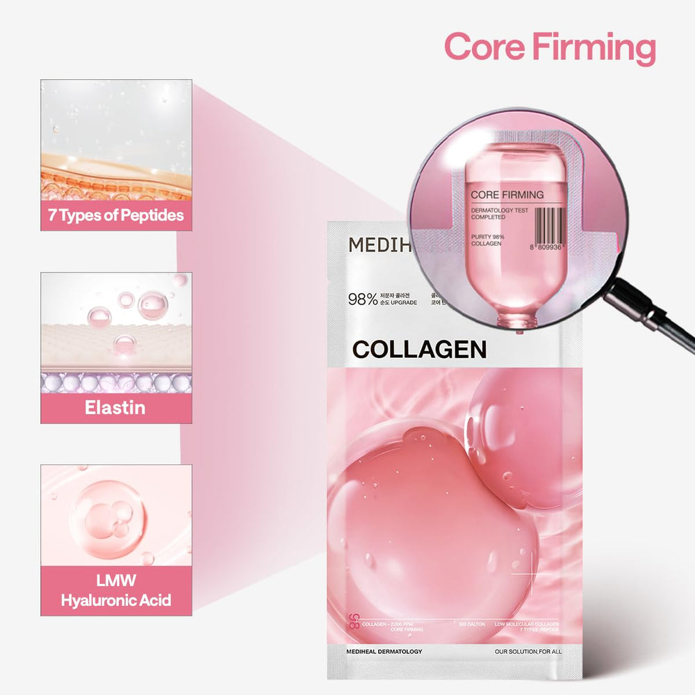 MEDIHEAL model applying sheet mask showing even coverage and quick lift benefit