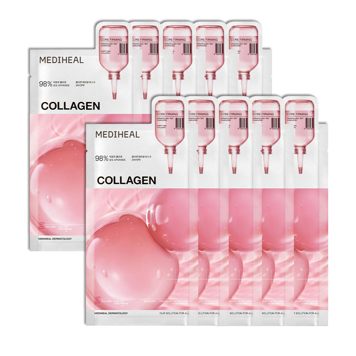 MEDIHEAL front packaging of collagen mask showing product and quantity benefits