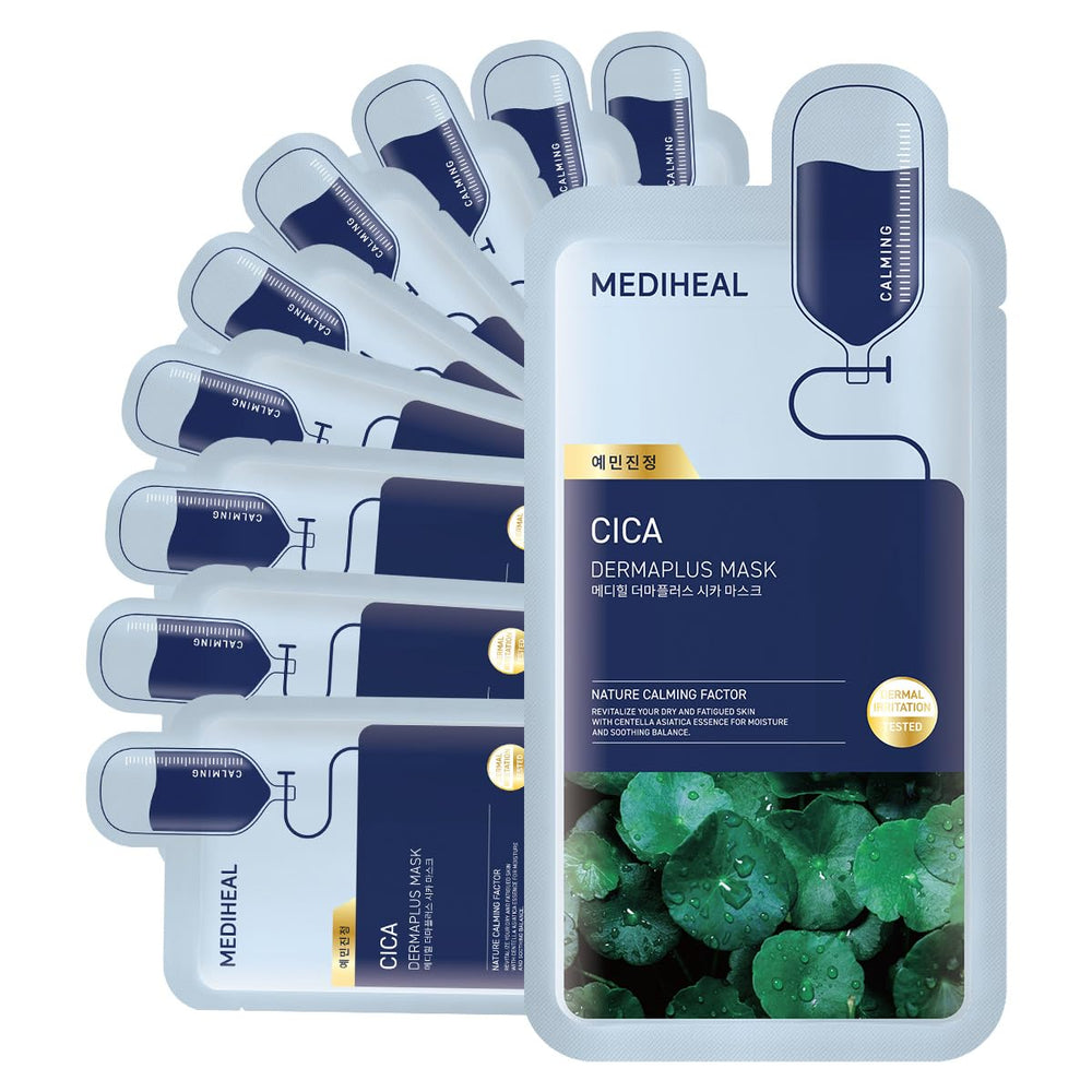 MEDIHEAL front packaging showing 10-piece cica daily calming mask, clear product view and benefits