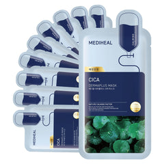 MEDIHEAL front packaging showing 10-piece cica daily calming mask, clear product view and benefits