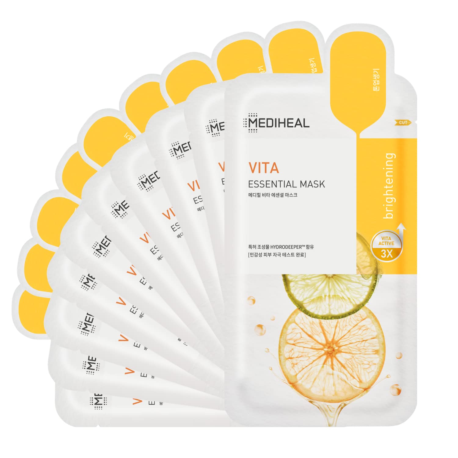 MEDIHEAL front packaging showing 10-sheet box and brightening benefits