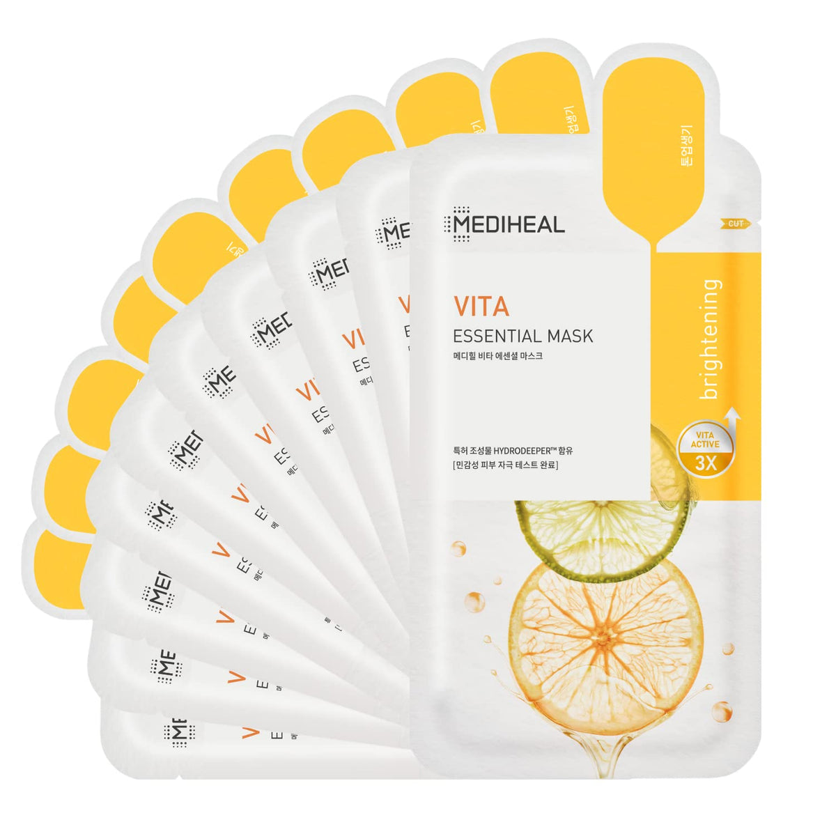 MEDIHEAL front packaging showing 10-sheet box and brightening benefits