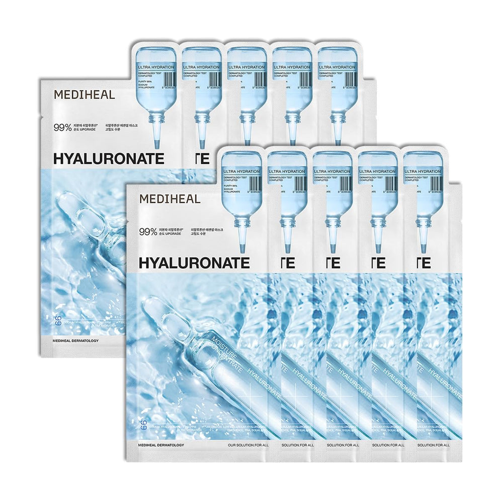 MEDIHEAL front packaging showing 10 hydrating face sheet masks benefits